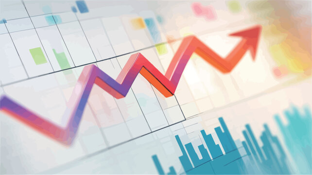 Close-up shot of a stylized 3D upward trending graph rendered in shades of red and purple, superimposed on a blurred background of various charts and graphs with teal and multicolored data