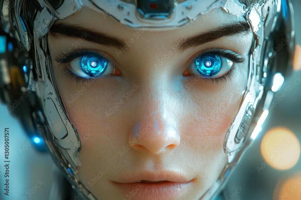 Leinwandbilder futuristic humanoid robot with glowing blue eyes in a high-tech environment capturing attention with