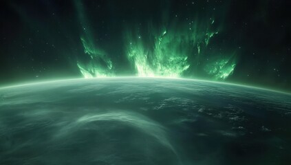A vibrant, otherworldly view of Earth's horizon, lit by a spectacular aurora borealis, seen from space. A swirling, glowing emerald green aurora displays vibrant light displays.