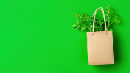brown paper bag with fresh green parsley on vibrant green background symbolizes eco friendly packaging and sustainability