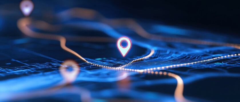 Digital map interface with real time tracking data, featuring glowing location pins and abstract lines. blue toned design conveys sense of advanced technology and connectivity