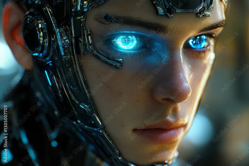 Poster futuristic humanoid robot with glowing blue eyes closely examines its surroundings in an advanced te