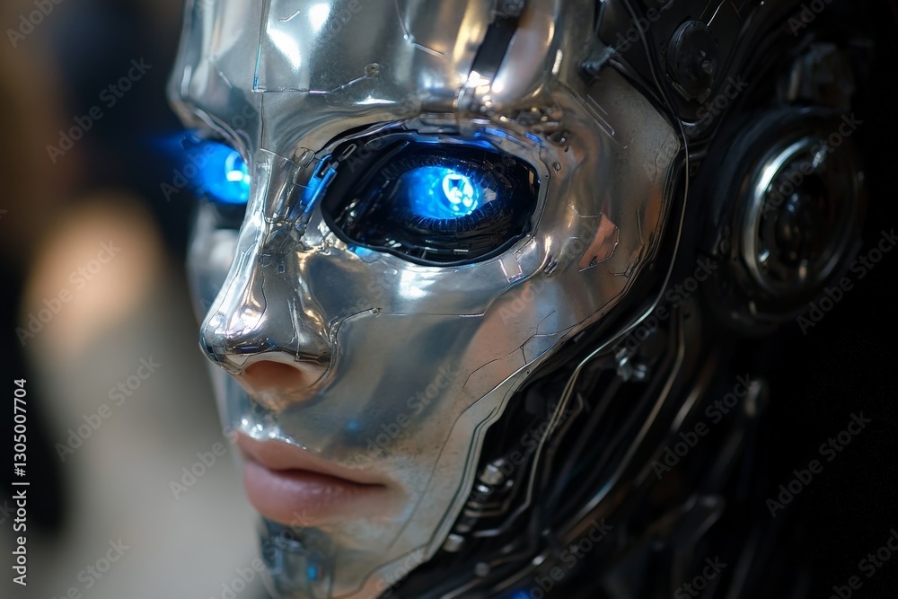 Poster futuristic metallic robot face with glowing blue eyes showcases advanced design and technology at an