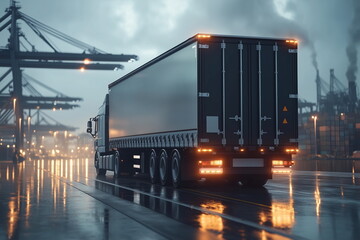 A cargo truck driving on a long highway at rainy, symbolizing logistics and land transportation. The scene conveys efficiency, and the dynamic movement of freight delivery. Industry business purpose.
