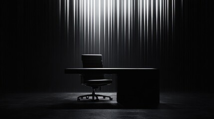 Fototapeta premium Empty Office Desk, Dark Room, Spotlight on Curtains, 3D Render, Professional Setting