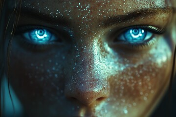 Captivating close-up of a woman with glowing blue eyes and shimmering skin in an ethereal setting