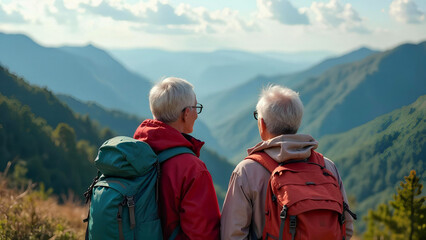 Fototapeta premium A couple of seniors with backpacks stand against a mountain landscape 