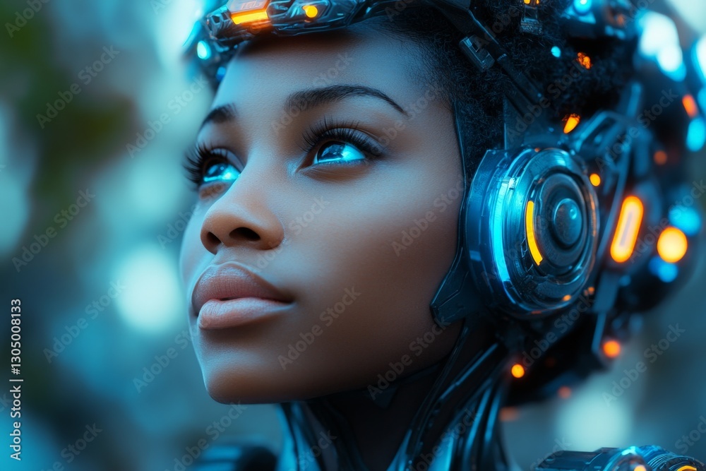 Poster futuristic female figure with advanced technology in a vibrant urban setting during twilight hours