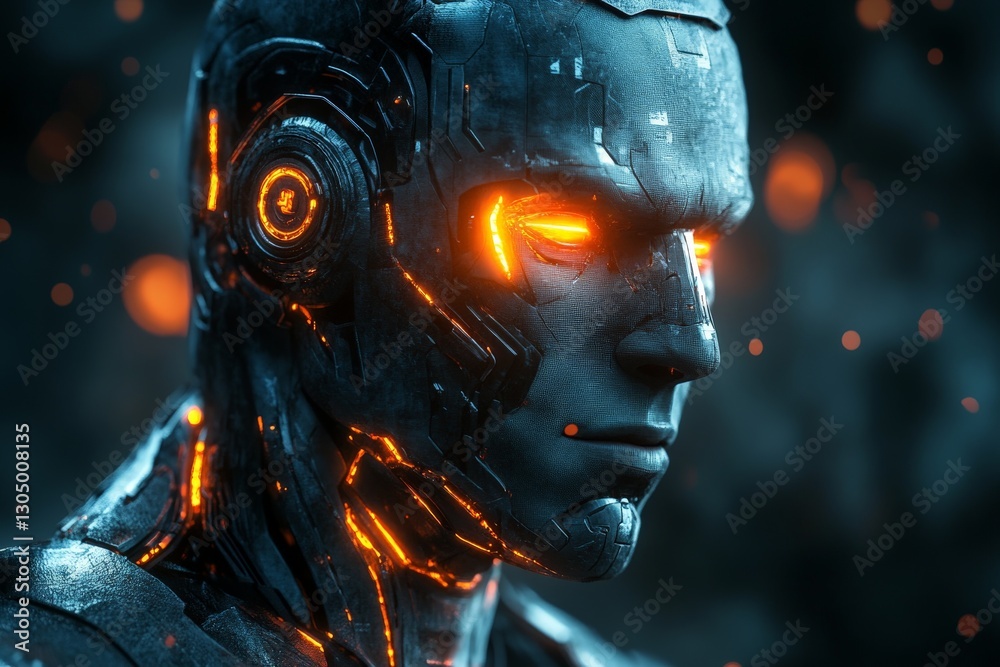 Poster futuristic robot with glowing elements in a dark, abstract environment during a high-tech exploratio