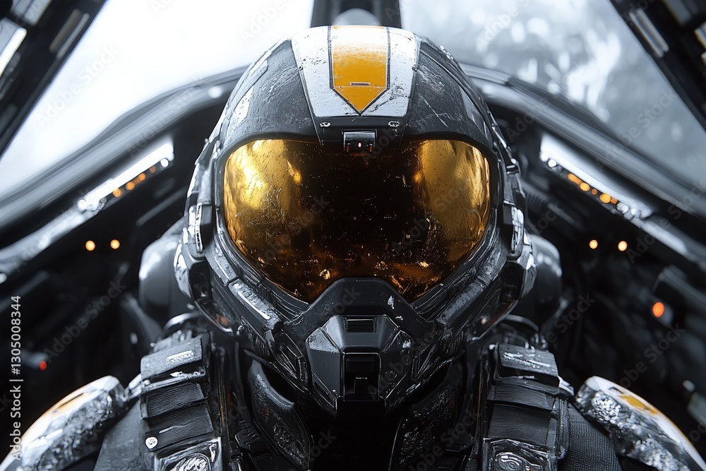 Aufkleber futuristic pilot prepares for flight in advanced cockpit with reflective visor and cutting-edge tech