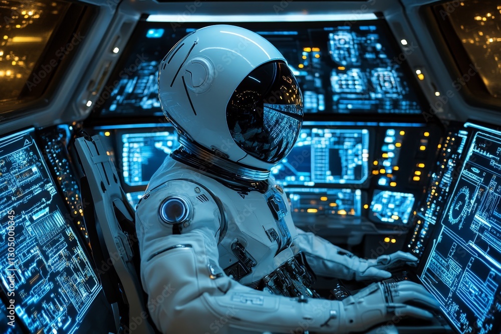 Poster astronaut operates advanced control panel in a futuristic spacecraft cockpit during a night mission 