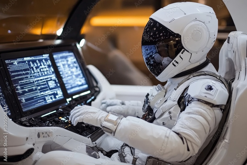 Poster Astronaut in futuristic spacecraft controls mission as monitors display critical data during space exploration