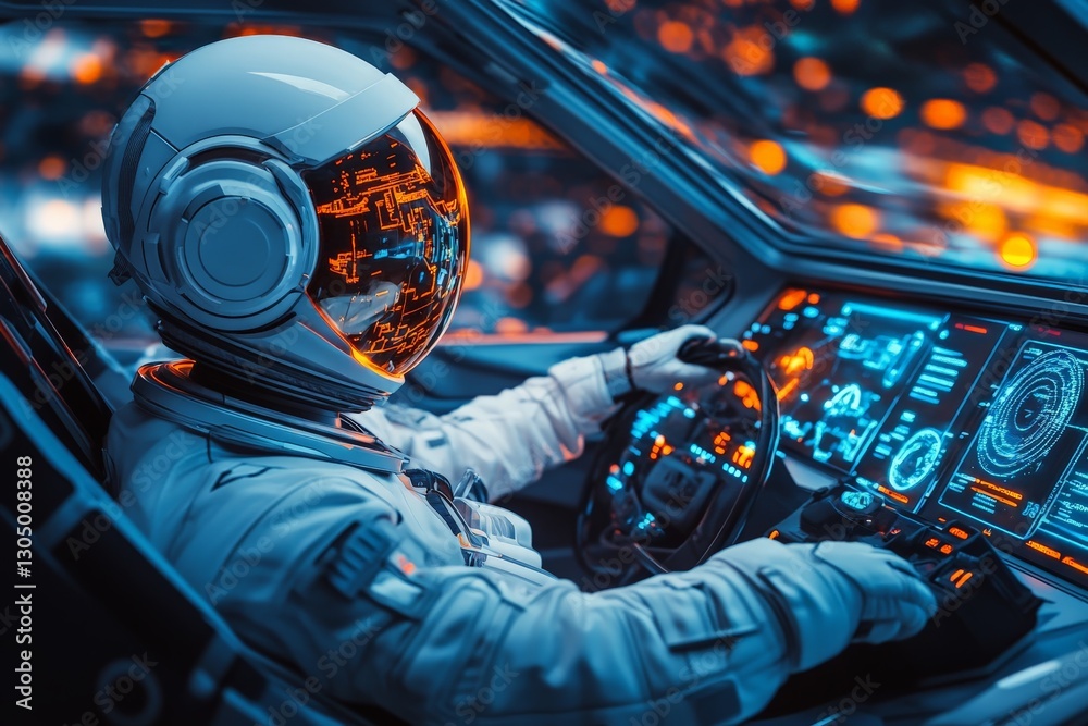 Poster Astronaut navigates a futuristic spacecraft with advanced technology in a vibrant control room setting
