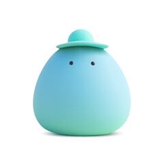 Blue egg-shaped character with small hat and black eyes on white background