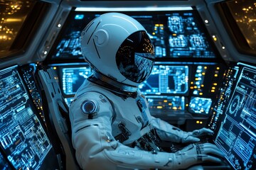 Astronaut operates advanced control panel in a futuristic spacecraft cockpit during a night mission in space