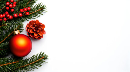Festive Christmas Ornament and Pine Branches on White Background