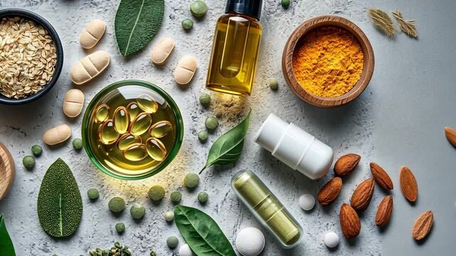 Natural Wellness: A vibrant assortment of organic supplements and ingredients, artfully arranged on a surface, representing holistic health and wellness.