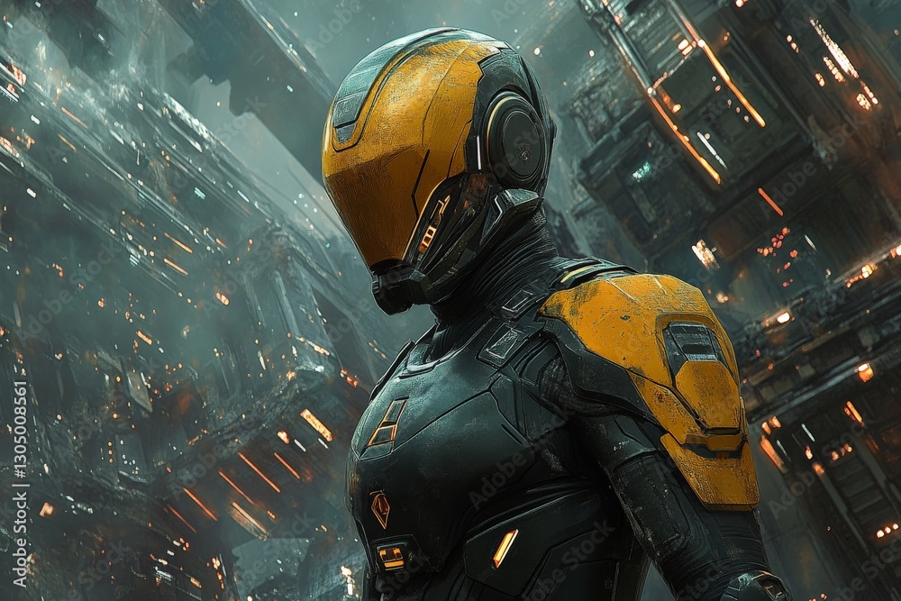 Aufkleber Futuristic armored figure stands in a cyberpunk city with glowing structures and advanced technology surrounding it