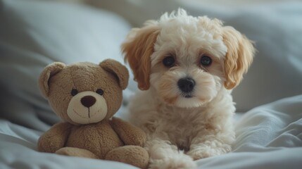 Adorable puppy with fluffy fur lying on a soft white blanket next to a brown teddy bear friend in a cozy room
