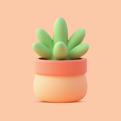 Green succulent plant in a peach and pink pot on light peach background with soft lighting