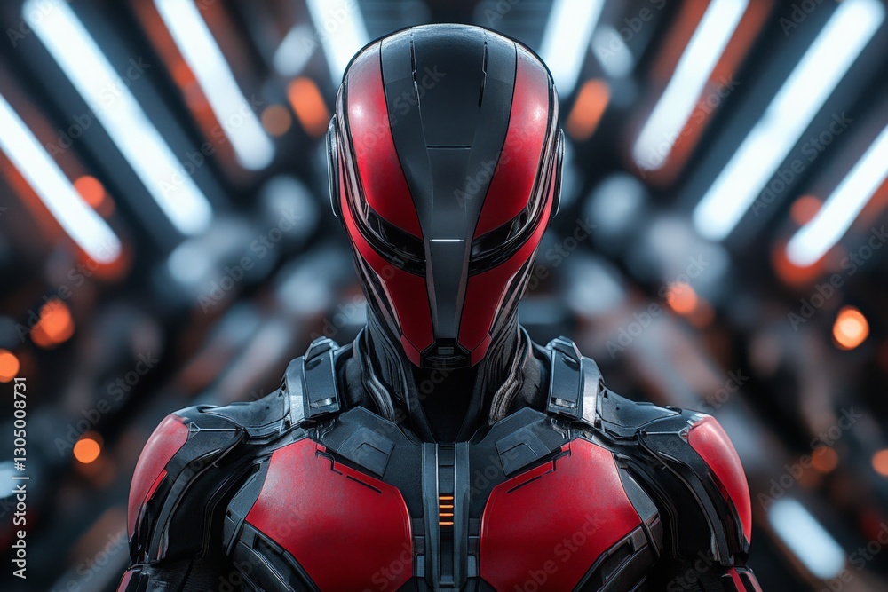 Aufkleber Futuristic armored figure with red and black design against a high-tech background showcasing advanced technology and design