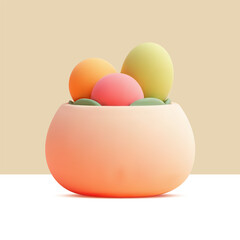 Three pastel-colored eggs in a peach pot with green leaves on beige background