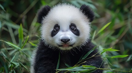 Obraz premium Adorable Baby Panda Surrounded by Lush Green Bamboo Leaves