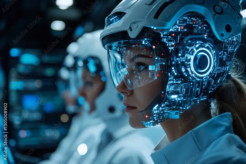 Poster futuristic space crew members in high-tech helmets during a mission control operation at night