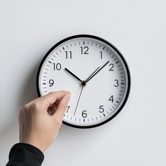 hand turning analog clock hands, leaving room for copy or text in minimalist scene