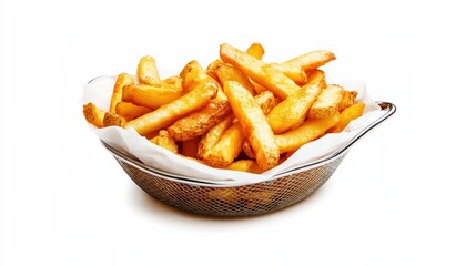 Golden crispy French fries in a metal basket lined with parchment paper, freshly fried potato wedges with a crunchy texture