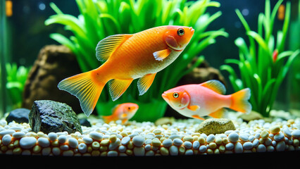 Naklejka premium Colorful Aquarium Fish with Lush Plants and Decorated Gravel Substrate