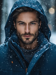 Handsome man with a beard wearing a winter jacket in the snowfall