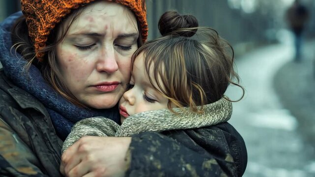 Homeless mother and her daughter embracing each other tightly on a desolate street, Poor homeless people	