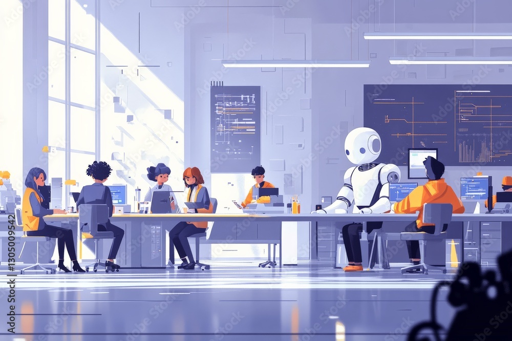 Aufkleber Robots and humans collaborate in a modern tech workspace during a busy workday focused on innovation and development