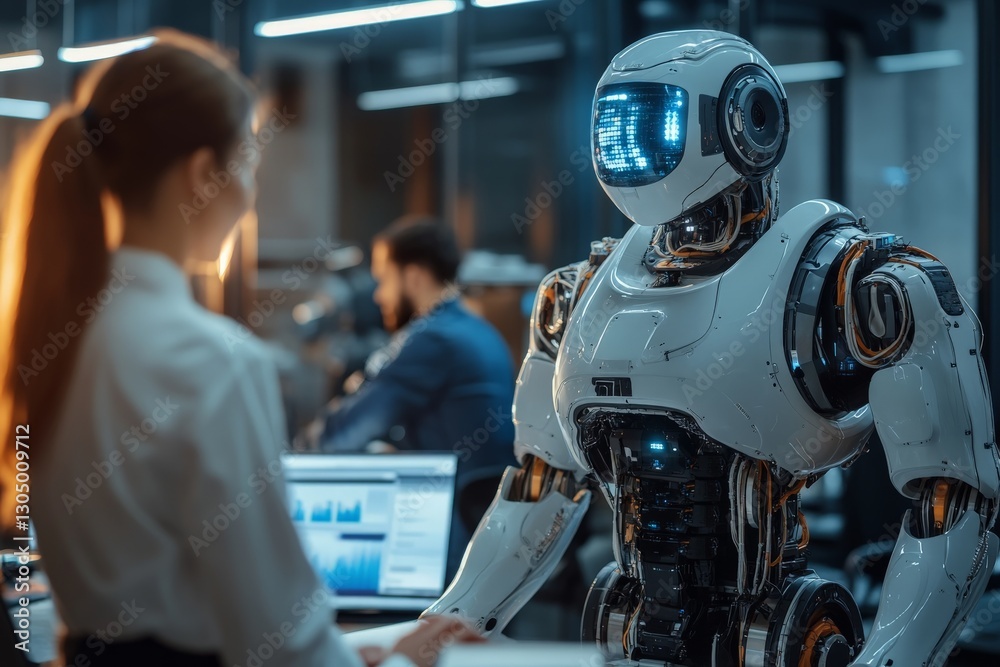 Aufkleber robotic assistant interacts with human colleague in modern office environment during work hours