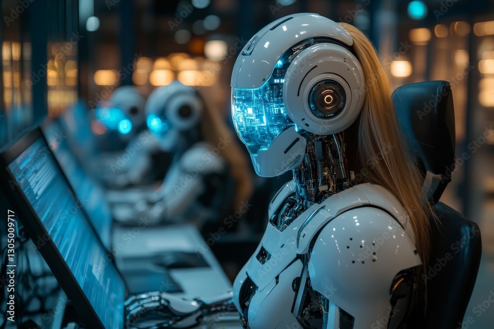 Aufkleber advanced robotic systems working in a high-tech laboratory at night with glowing interfaces and comp