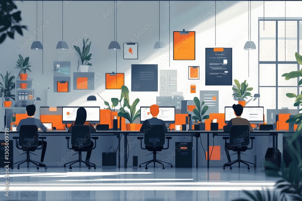 Aufkleber Creative workspace with modern design featuring individuals collaborating in a well-lit environment