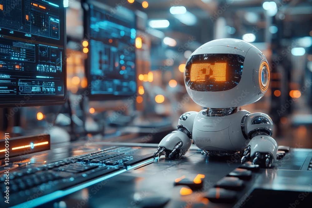 Aufkleber robot interacting with computer screens in a futuristic tech environment during daylight hours