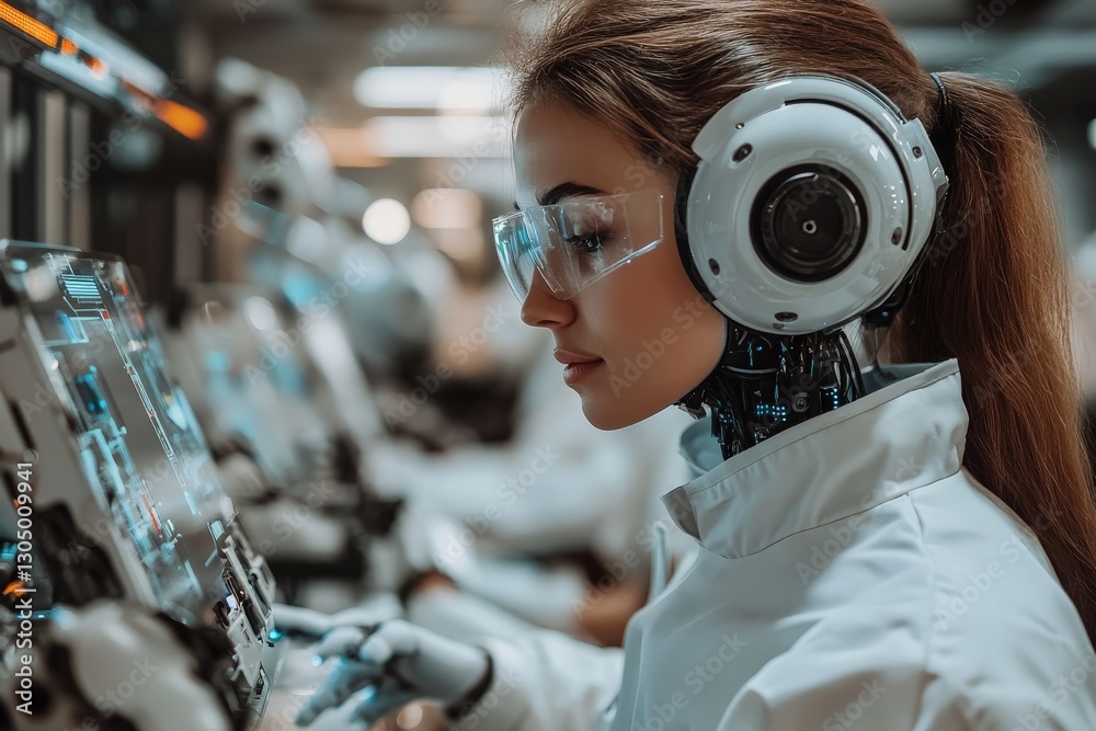Leinwandbilder female robotic engineer working on complex technology in a futuristic lab setting in the evening