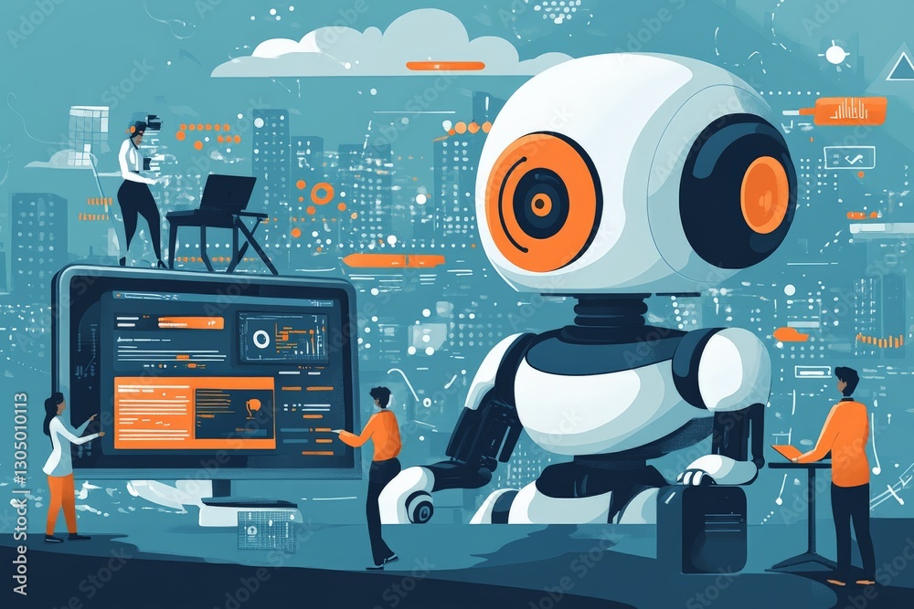 Poster robot interacts with humans in a futuristic cityscape focused on technology and innovation at dusk