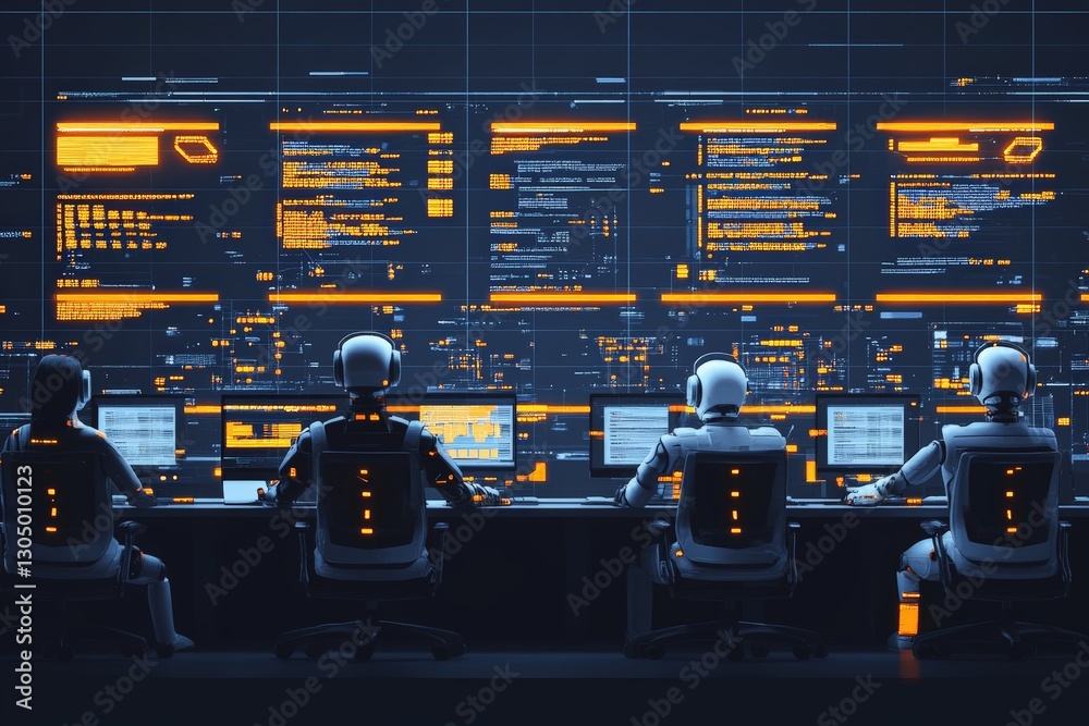 Poster robots collaborate at a high-tech control center surrounded by glowing screens and data visuals
