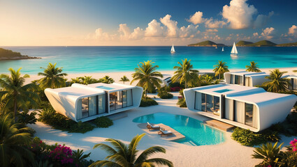Luxury beachfront villas offer a tropical getaway with pristine turquoise waters and swaying palm trees.