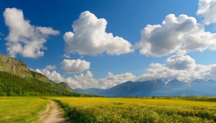 Obraz premium green field and blue sky with clouds