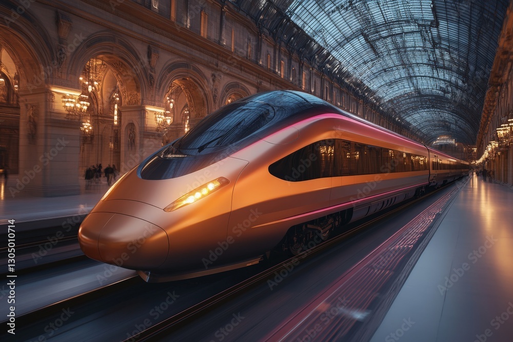 Poster modern train in a historic station showcasing a blend of technology and architecture during twilight