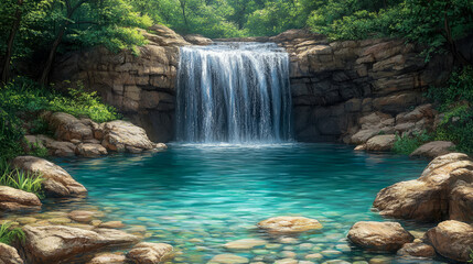 Scenic waterfall with cool turquoise water plunging into a rocky pool, surrounded by lush greenery.