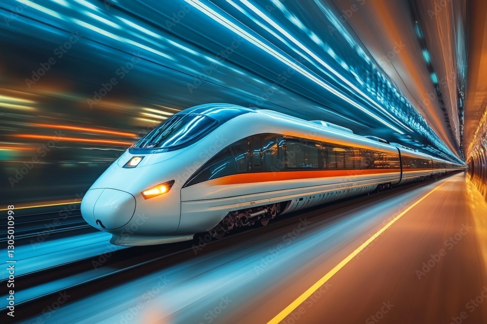 Poster High-speed train travels at night through a illuminated tunnel with dynamic motion blur effects