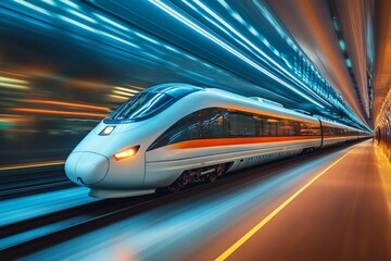 Fototapeta premium High-speed train travels at night through a illuminated tunnel with dynamic motion blur effects