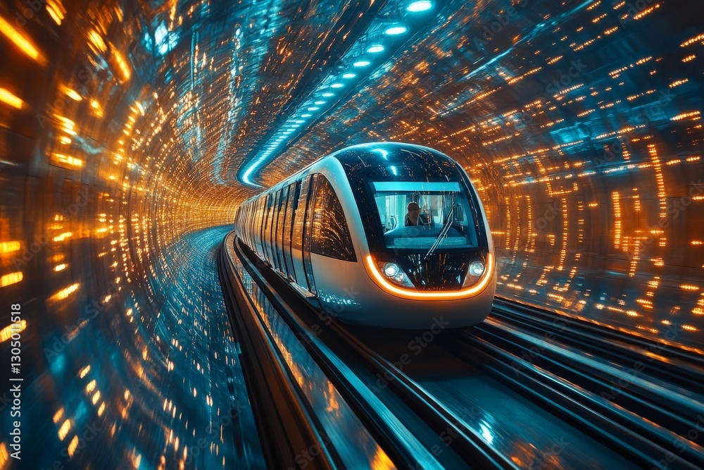 Poster modern train travels through a vibrant, illuminated tunnel at high speed, creating an impressive vis