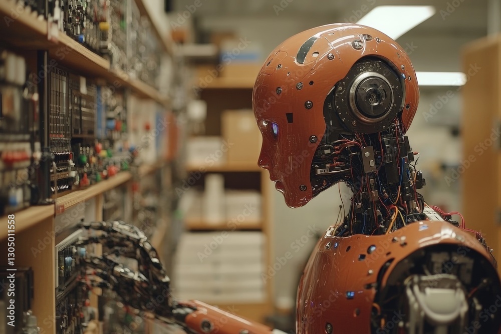 Leinwandbilder humanoid robot interacting with devices in a technology lab environment during daytime