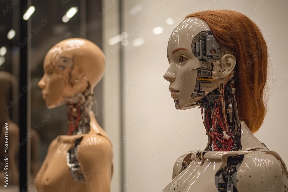 Aufkleber Robotic mannequins on display revealing intricate internal wiring and technology at a modern exhibition space